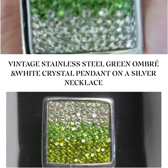 💚🎉VINTAGE GREEN & CRYSTAL STAINLESS STEEL PENDANT ON A STERLING SILVER CHAIN🌞 - Picture 5 of 5